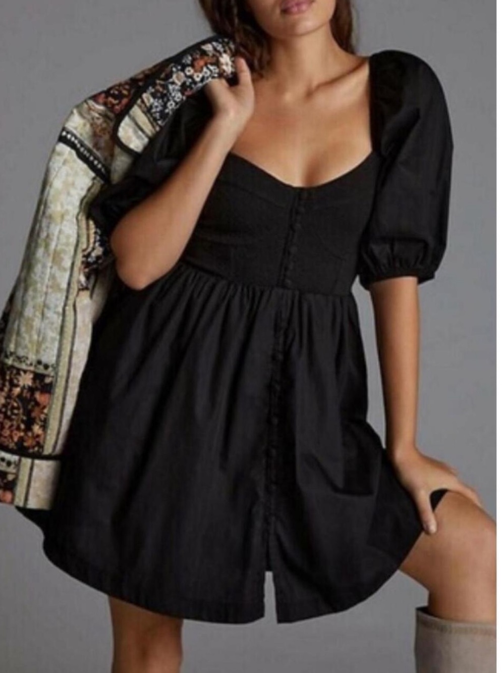 ANTHROPOLOGIE Like New Maeve Black Puff Sleeve Sweetheart Mini Dress